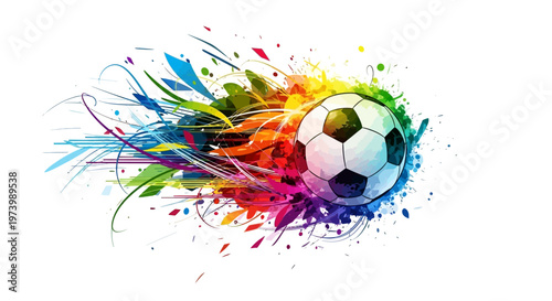 A vibrant, graphic illustration shows a soccer ball in motion, surrounded by a burst of colorful, abstract vector designs with a dynamic splash effect, set against a clean white background