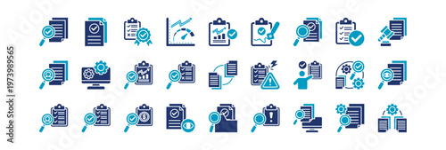 audit document icon set collection in glyph duotone style. icon set consist of audit report, document review, quality, performance, analytics, compliance checklist icon. editable vector illustration.