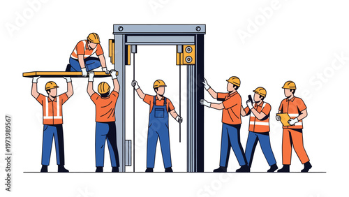 Building a Foundation: A team of construction workers is working collaboratively, using teamwork to construct a large frame structure