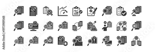 audit document icon set collection in glyph style. icon set consist of audit report, document review, quality, performance, analytics, compliance checklist icon. editable vector illustration.