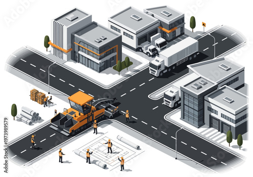 Isometric view of road construction and repair work in a commercial urban area with heavy machinery and workers