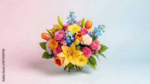 Vibrant floral arrangement featuring lilies, roses and tulips for backgrounds