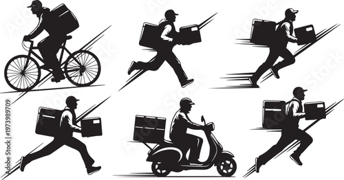 Delivery men in various transportation methods carrying packages quickly