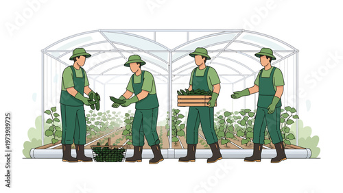 Nurturing Growth: A team of dedicated agricultural workers diligently tends to crops inside a state-of-the-art greenhouse.