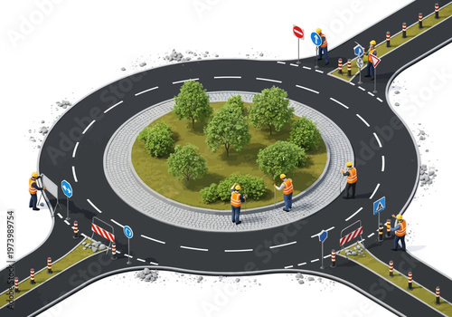 Road construction and maintenance workers building a modern roundabout intersection