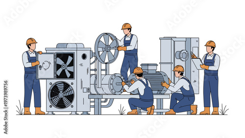 Maintenance Team in Action: A group of skilled workers, clad in safety attire, collaborate on the servicing of complex machinery. The scene is a showcase of precision, dedication.