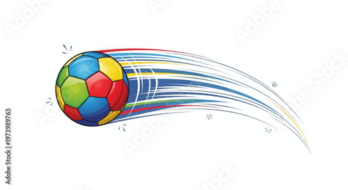 Dynamic vector illustration of a colorful soccer ball in motion, depicted with trailing lines suggesting speed and energy, set against a clean white background with a vibrant and playful