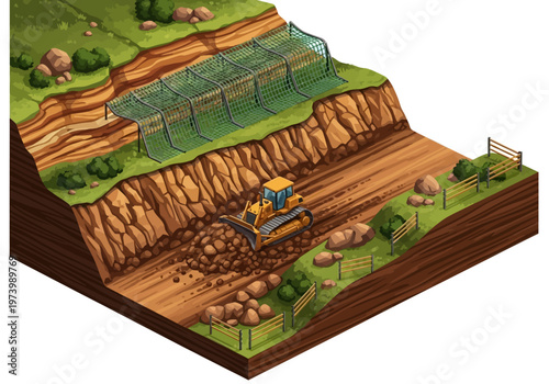 Earthmoving Machinery Works on a Steep Slope for Road Construction and Slope Stabilization