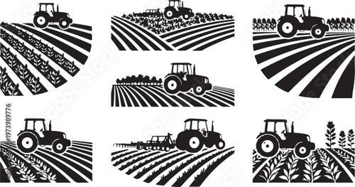 Tractors in Fields Farming Agriculture Illustration Set