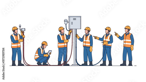 Electrical Team at Work: A team of skilled electricians in protective gear meticulously works on electrical installations, showcasing expertise and collaboration.