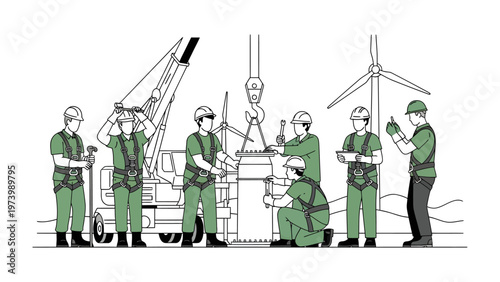 Renewable Energy Assembly: A dedicated team collaborates on the assembly of wind turbines, embodying expertise and commitment in sustainable energy
