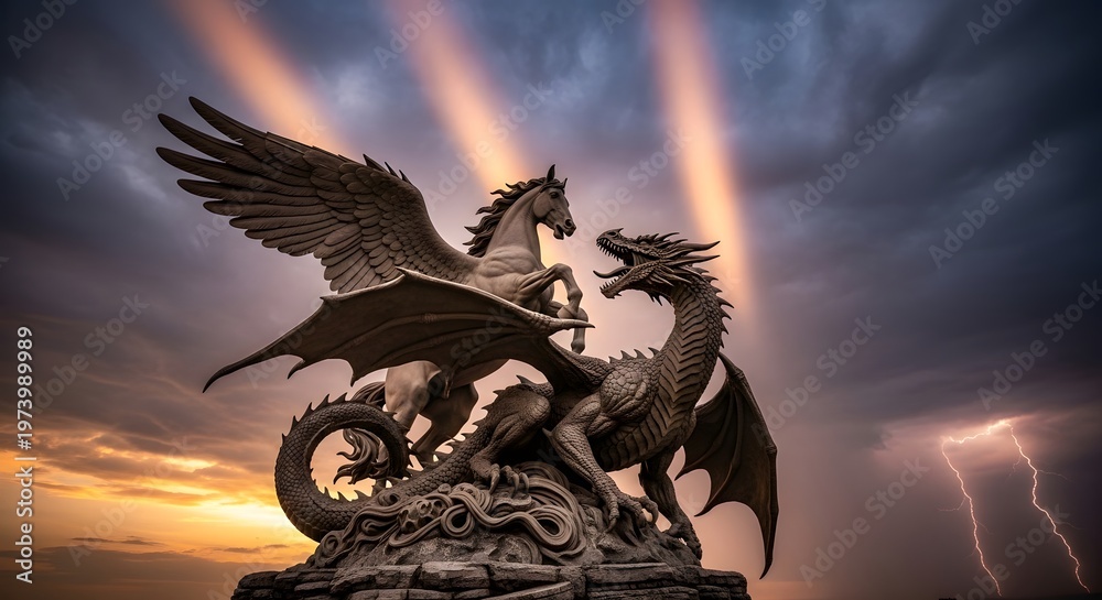 Fototapeta premium A dramatic stone sculpture of a winged horse pegasus fighting a dragon under a stormy sky with lightning