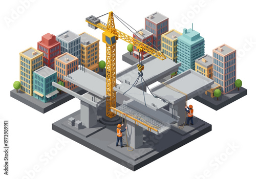 Isometric construction site with crane building a bridge in urban city environment
