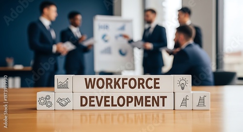 Workforce development wooden blocks on a desk with blurred professional business team people meeting in an office background for corporate training