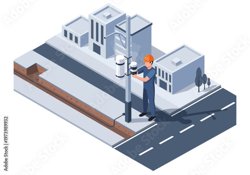 Urban infrastructure maintenance worker installs equipment on a street lamp post
