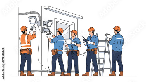 The Installation Crew: A team of skilled technicians meticulously install outdoor lighting fixtures, symbolizing precision, dedication, and expertise.