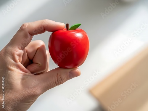 A Hand Holding a Miniature Red Apple with a Leaf and Small Brown Stem