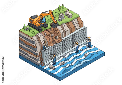 Construction crew reinforcing a river bank with a retaining wall and excavating earth
