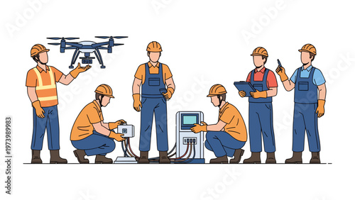 Engineers in Action: Illustrative representation of engineers in their respective work environment, demonstrating technology and progress.