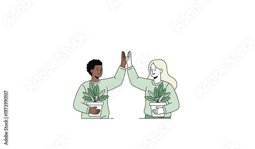Eco Friendship Concept Friends Holding Plants and High Five Vector Illustration