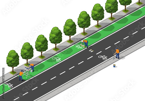 Workers painting bicycle lane on a road with trees and sidewalk in a charming isometric illustration