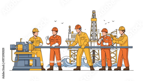 Energy Industry Workers at Work: A group of industrious oil rig workers collaborate and labor with heavy machinery in the midst of an offshore setting.