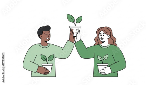 Eco Friendship Concept Friends Holding Plants and High Five Vector Illustration