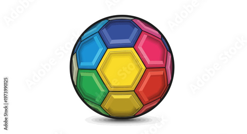 A vibrant vector illustration of a soccer ball with distinct colorful panels is isolated against a clean white background, showcasing a playful design with dynamic shading and a classic