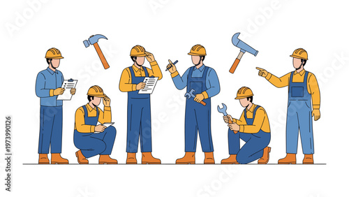 Construction Team: A group of construction workers, each engaged in a variety of tasks, with tools of their trade ready.