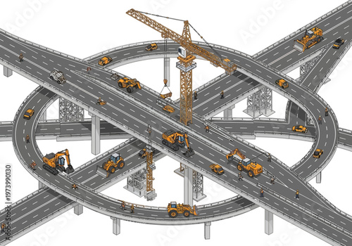 Massive highway construction project with multiple cranes and heavy machinery at work on a complex interchange
