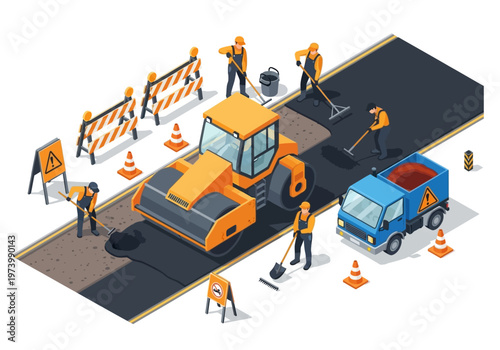 Road construction and repair work featuring a steamroller, truck, workers, traffic cones, and safety barriers on an asphalt surface