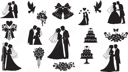 Wedding Silhouette Icons for Bride and Groom Celebration