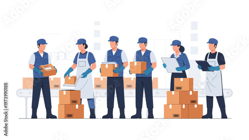 Production Line Efficiency: A team of skilled workers manages the flow of products on an automated production line, ensuring seamless packaging and delivery, highlighting efficiency and precision.