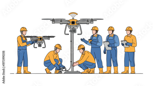 Drone Technology Professionals at Work: A team of skilled technicians meticulously inspects and maintains drone technology, embodying innovation, precision, and the future of aviation.