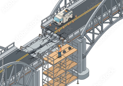 Bridge repair and construction in progress with a damaged section and a utility truck nearby