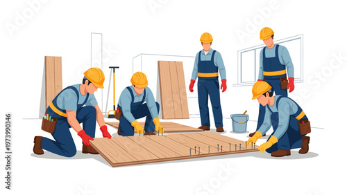 Construction Crew Collaboration: A skilled construction crew meticulously works together, installing a wooden structure with precision and teamwork.