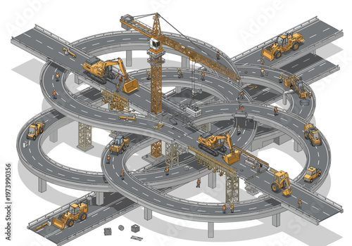 A complex urban overpass construction project with cranes and excavators working on multiple levels