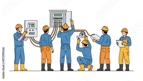Electrical Installation Crew at Work: A team of skilled technicians diligently works on an electrical installation, their expertise and teamwork evident as they connect wires, inspect panels.