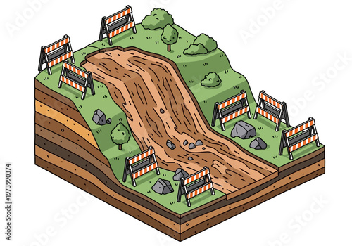 Illustration depicting a landslide causing road closure with safety barriers and visible geological layers