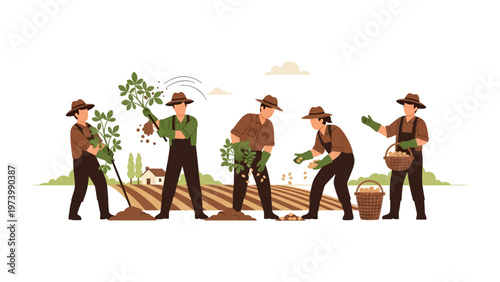 Cultivating Harvest: Farmers working harmoniously in a field, planting, harvesting, and gathering the fruits of their labor. A scene of agricultural industry, hard work, and the bounty of the land.