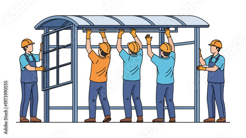 Construction Team at Work: A team of construction workers is meticulously assembling a bus shelter. Teamwork and construction come together in this image.