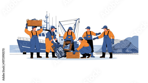 Fishermen at Work: A team of dedicated fishermen, clad in waterproof gear, meticulously unload their catch from the vessel, showcasing their collaborative efforts.