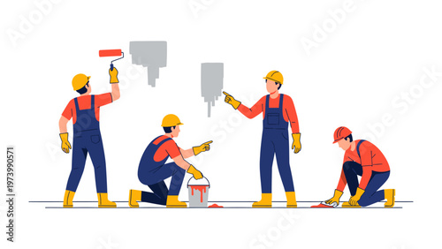 Construction Workers at Work: Four construction workers in action, some painting, others preparing surfaces, embodying the spirit of labor and creation.