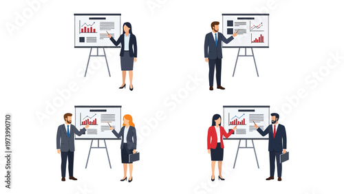 Business Professionals Presenting Data Analytics on Charts. Flat Vector Illustrations of Teamwork and Corporate Presentations.