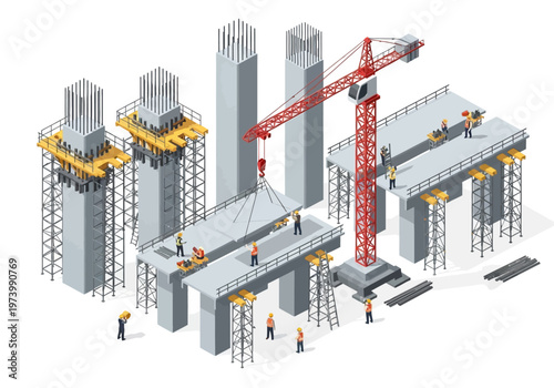 Construction of a concrete bridge with a crane and workers in isometric view