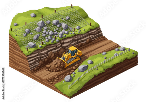 Construction machinery clearing rocks and soil from a hillside for road repair and slope stabilization