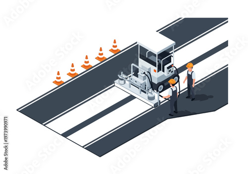 Road Marking Machine applying white lines on asphalt highway by workers, with traffic cones