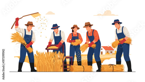 Harvesting Team on the Farm: A dedicated team of farmers works diligently to gather the harvest. This illustration reflects the essence of cooperation, showcasing the value of shared labor.