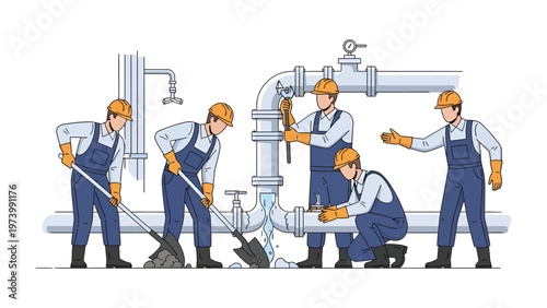 Pipeline Crew: A team of skilled technicians diligently working on the intricate network of pipes and conduits, showcasing their expertise in repairing and maintaining the critical infrastructure. 