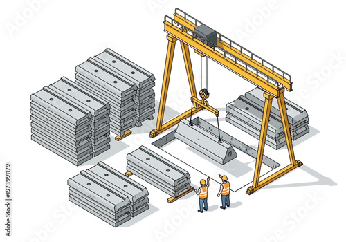 Industrial construction site with gantry crane lifting precast concrete elements for road repair
